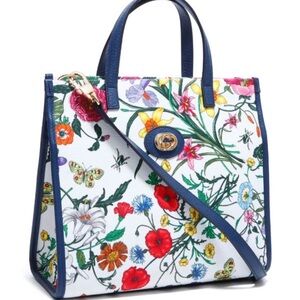 Gucci Medium Flora Tote with Blue Trim